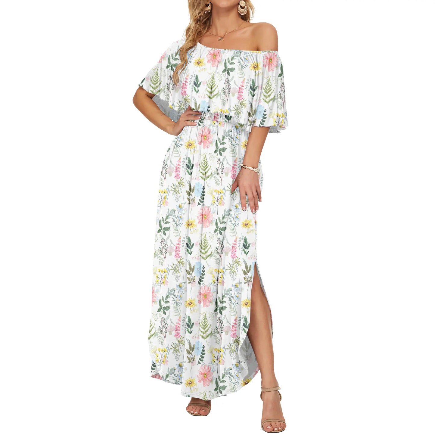 Women's Off The Shoulder Dress Wedding Guest Dress Summer Casual Long Ruffle Party Side Split Beach Maxi Dresses with Pockets Summervibes
