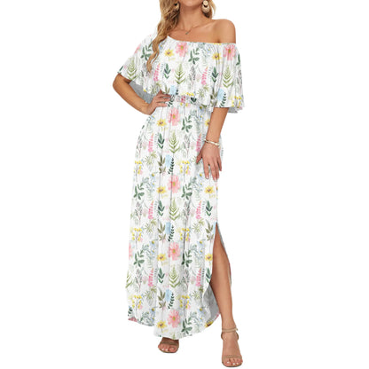 Women's Off The Shoulder Dress Wedding Guest Dress Summer Casual Long Ruffle Party Side Split Beach Maxi Dresses with Pockets Summervibes