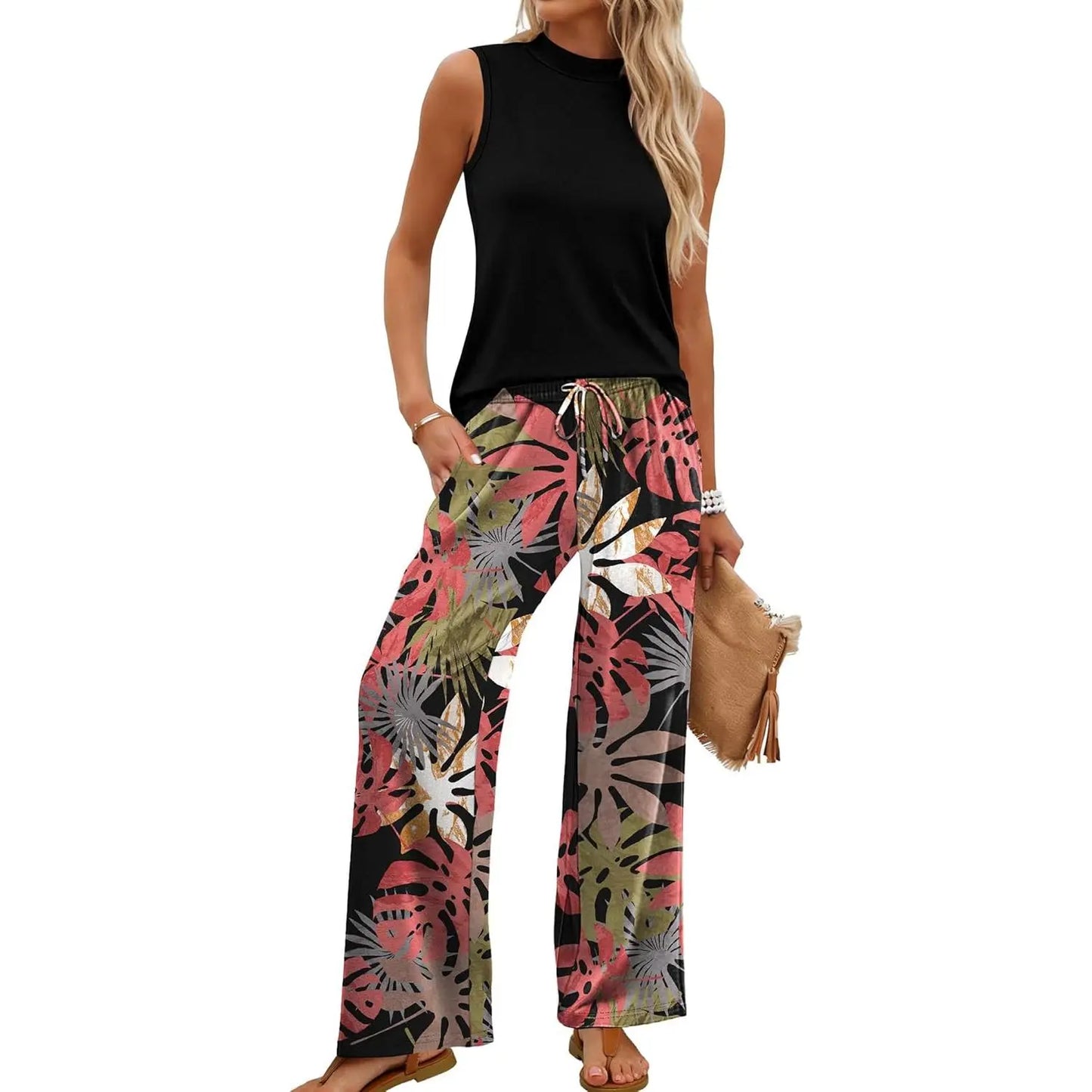 Two Piece Set for Women Summer Spring Outfits Cruise Travel Airport Beach Vacation Mock Neck Wide Leg Pants Set Womenswear