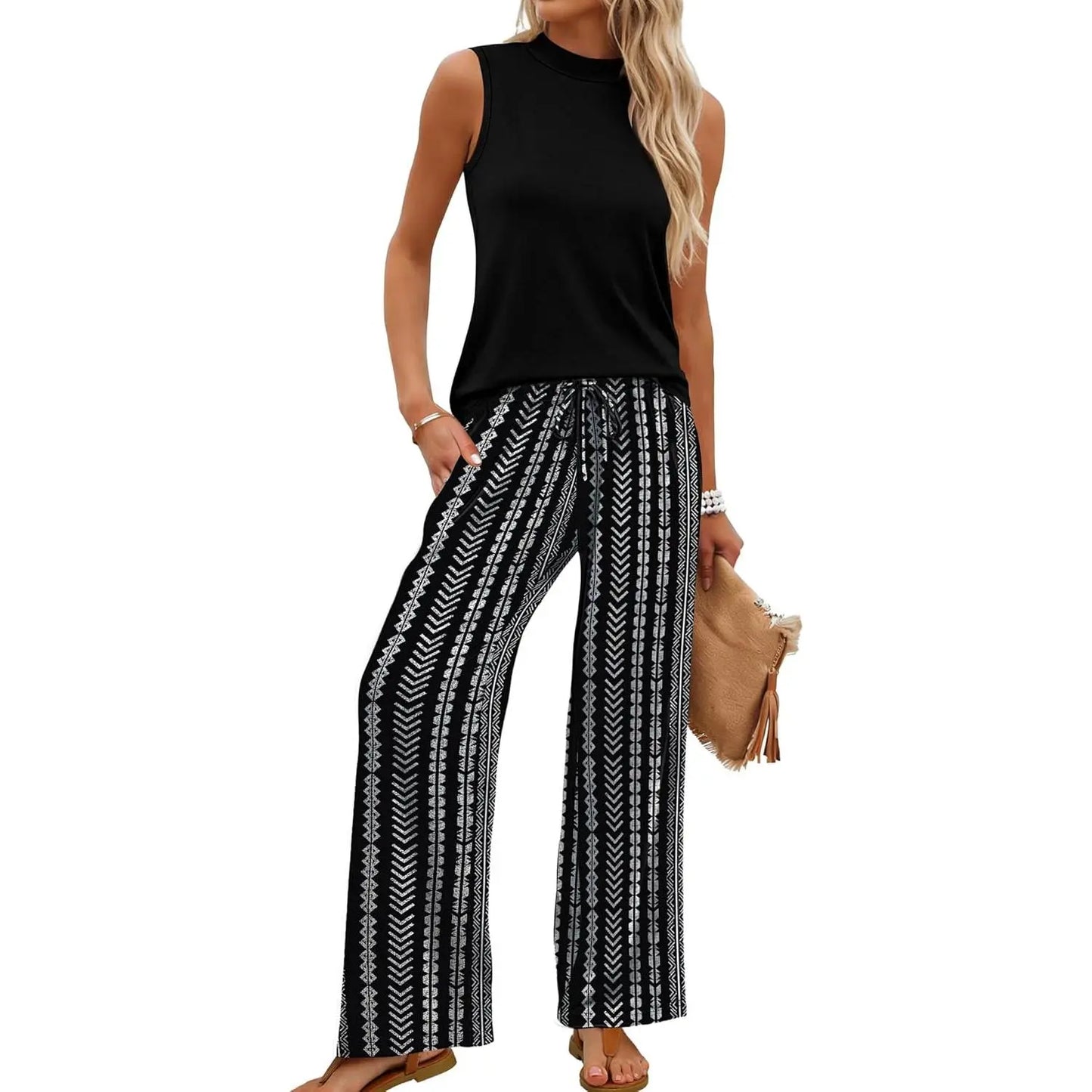 Two Piece Set for Women Summer Spring Outfits Cruise Travel Airport Beach Vacation Mock Neck Wide Leg Pants Set Womenswear