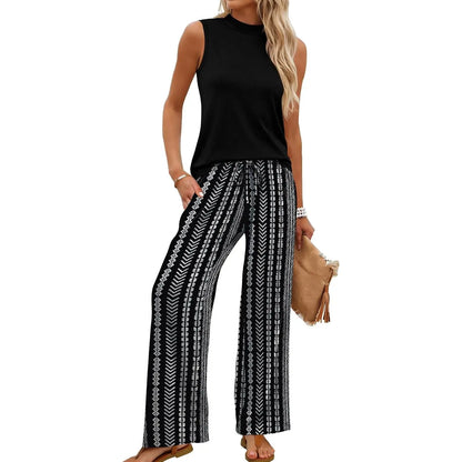 Two Piece Set for Women Summer Spring Outfits Cruise Travel Airport Beach Vacation Mock Neck Wide Leg Pants Set Womenswear