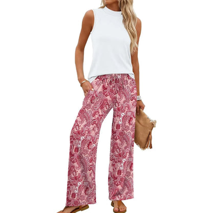 Two Piece Set for Women Summer Spring Outfits Cruise Travel Airport Beach Vacation Mock Neck Wide Leg Pants Set Womenswear