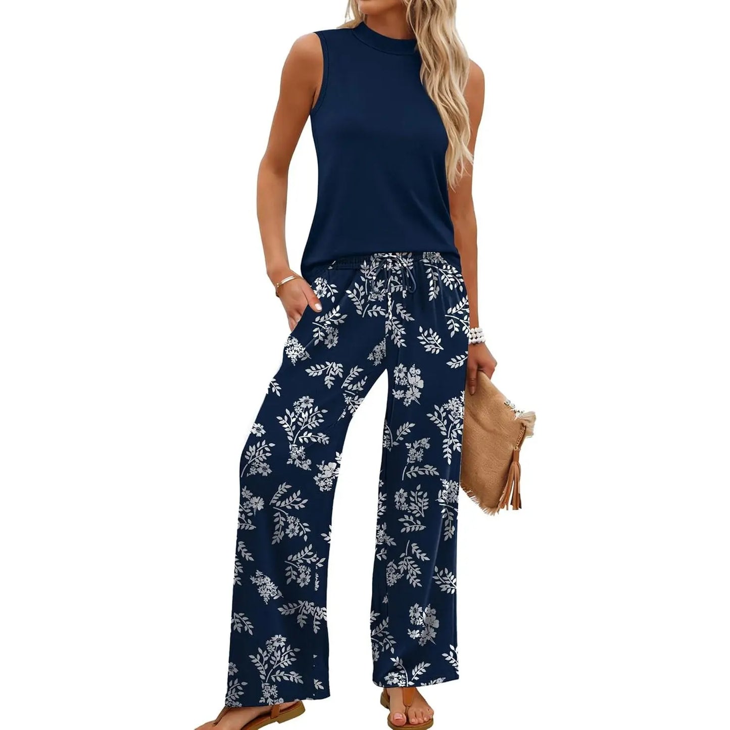 Two Piece Set for Women Summer Spring Outfits Cruise Travel Airport Beach Vacation Mock Neck Wide Leg Pants Set Womenswear