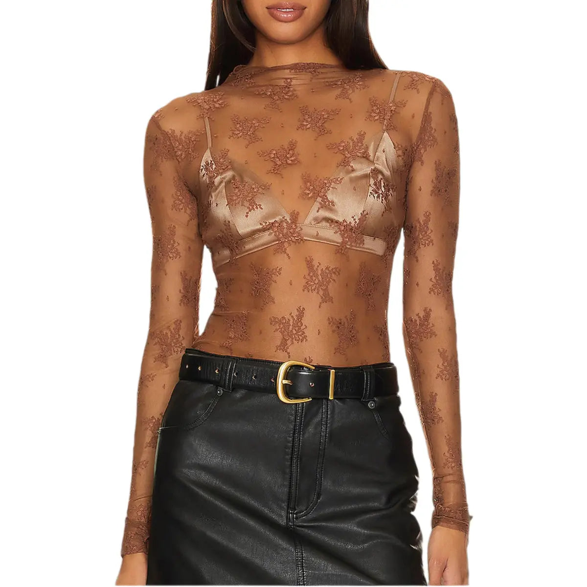 Women's Mesh Top Lace Spring Long Sleeve Floral Shirts Slim Fitted Outfits Blouse Sheer Mesh Mock Neck Summer Layering Top Womenswear Turtleneck