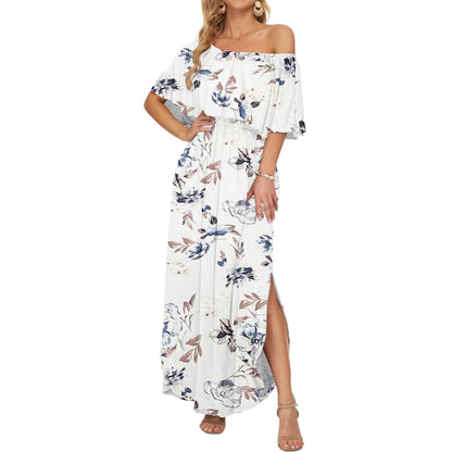 Women's Off The Shoulder Dress Wedding Guest Dress Summer Casual Long Ruffle Party Side Split Beach Maxi Dresses with Pockets Summervibes
