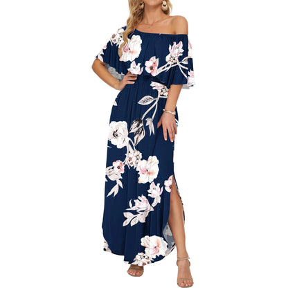 Women's Off The Shoulder Dress Wedding Guest Dress Summer Casual Long Ruffle Party Side Split Beach Maxi Dresses with Pockets Summervibes