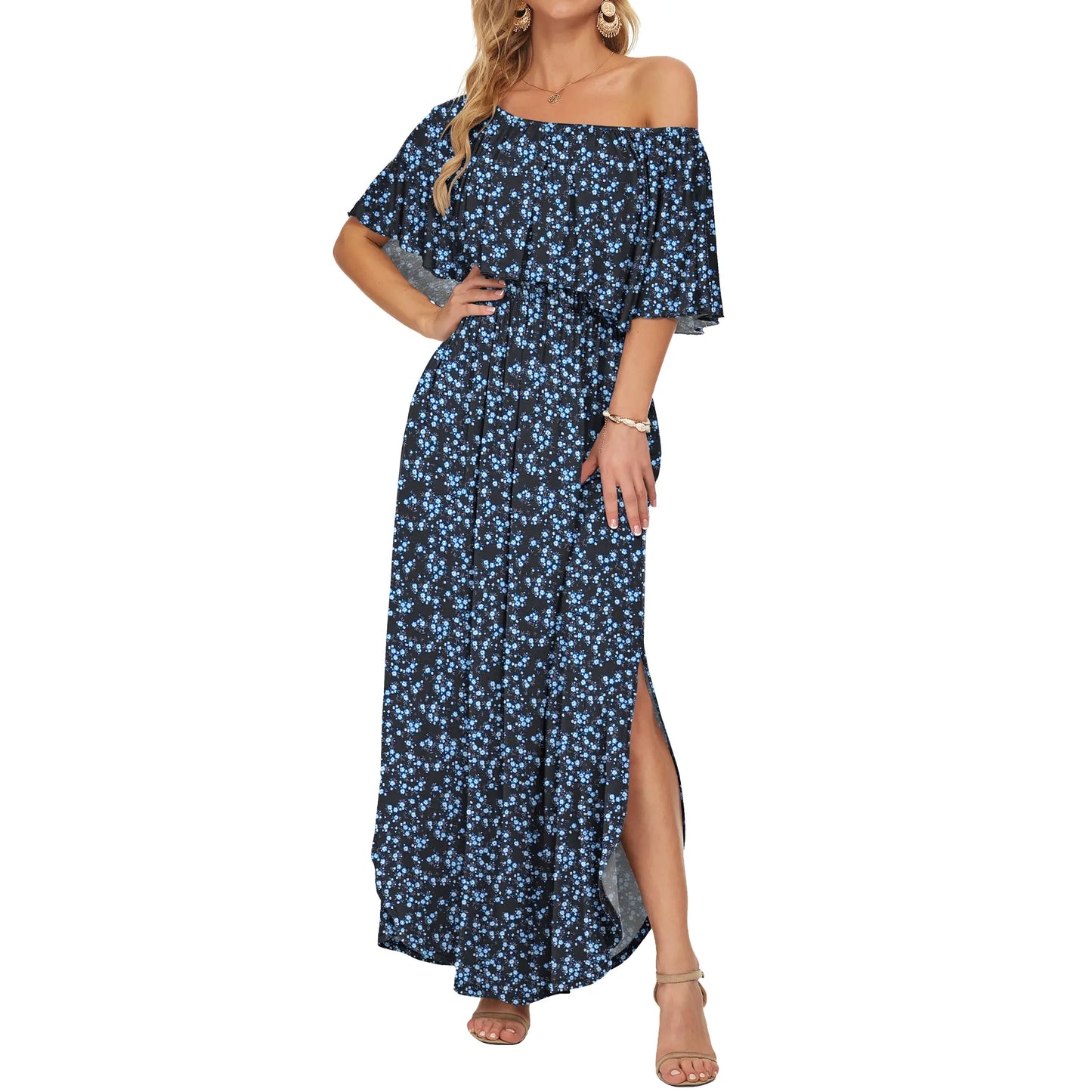 Women's Off The Shoulder Dress Wedding Guest Dress Summer Casual Long Ruffle Party Side Split Beach Maxi Dresses with Pockets Summervibes