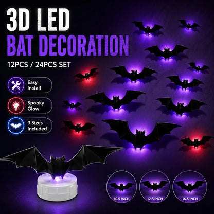 3D Bat Light LED Decorations, 12pcs/24pcs Halloween Spooky Ornaments, Bendable Wall Stickers with Smooth Bubble-Free Application, Easy Install Battery Powered Glowing Decor, Non-Remote Indoor Decor for Home, Party, Window, Door, Festival