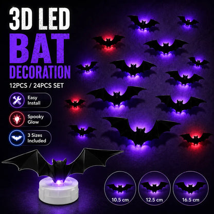 3D Bat Light LED Decorations, 12pcs/24pcs Halloween Spooky Ornaments, Bendable Wall Stickers with Smooth Bubble-Free Application, Easy Install Battery Powered Glowing Decor, Non-Remote Indoor Decor for Home, Party, Window, Door, Festival