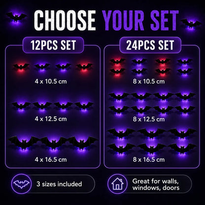 3D Bat Light LED Decorations, 12pcs/24pcs Halloween Spooky Ornaments, Bendable Wall Stickers with Smooth Bubble-Free Application, Easy Install Battery Powered Glowing Decor, Non-Remote Indoor Decor for Home, Party, Window, Door, Festival
