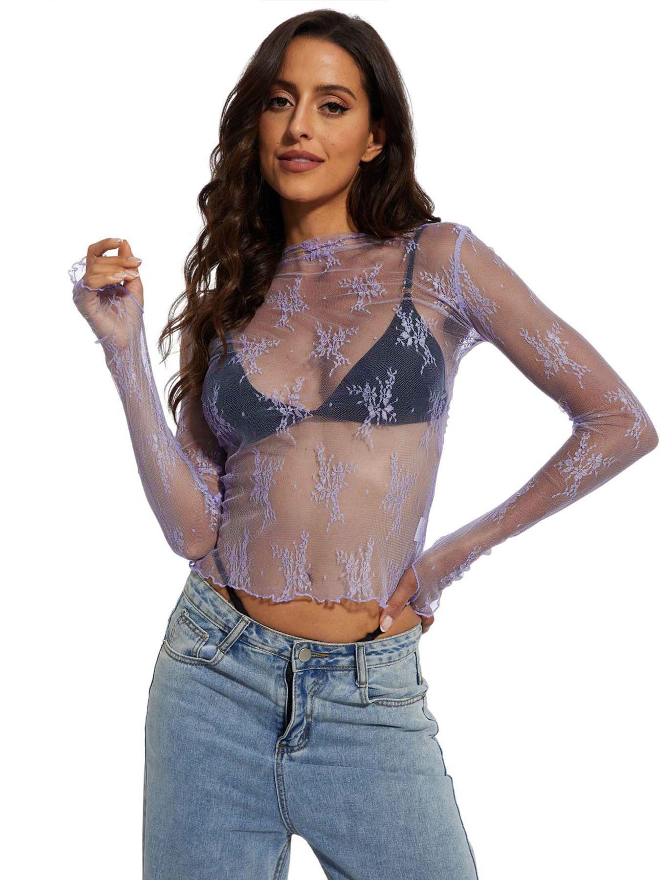 Women's Mesh Top Lace Spring Long Sleeve Floral Shirts Slim Fitted Outfits Blouse Sheer Mesh Mock Neck Summer Layering Top Womenswear Turtleneck