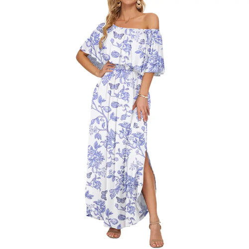 Women's Off The Shoulder Dress Wedding Guest Dress Summer Casual Long Ruffle Party Side Split Beach Maxi Dresses with Pockets Summervibes